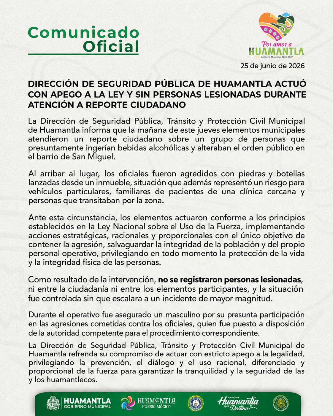 Dirección de Seguridad Pública de Huamantla actuó con apego a la ley y sin personas lesionadas durante atención a reporte ciudadano